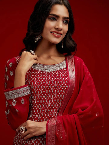 Libas Art Red Embellished Crepe Suit Set With Dupatta main image 1