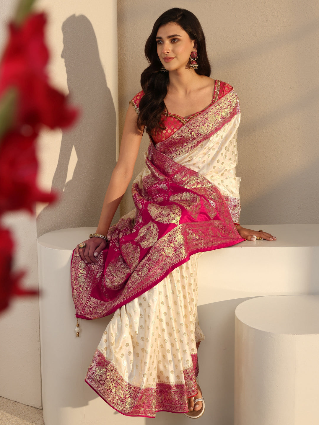 Libas Art Ivory Banarasi Satin Saree With Unstitched Blouse Piece 