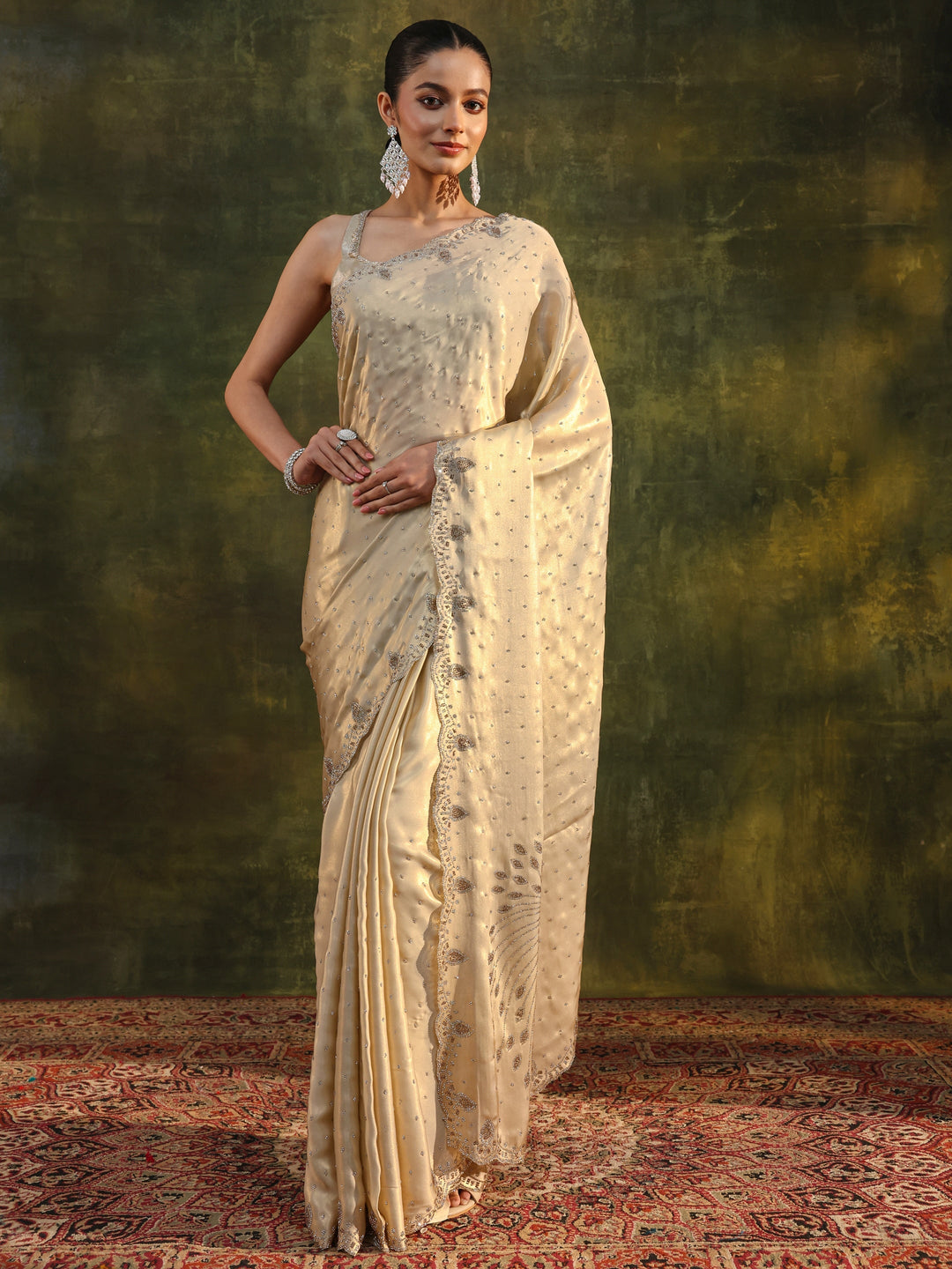  Libas Art Ivory Embellished Silk Blend Saree With Unstitched Blouse Piece 