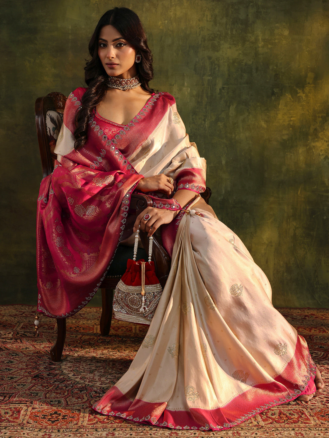 Libas Art Ivory Embellished  Silk Blend Saree With Unstitched Blouse Piece
