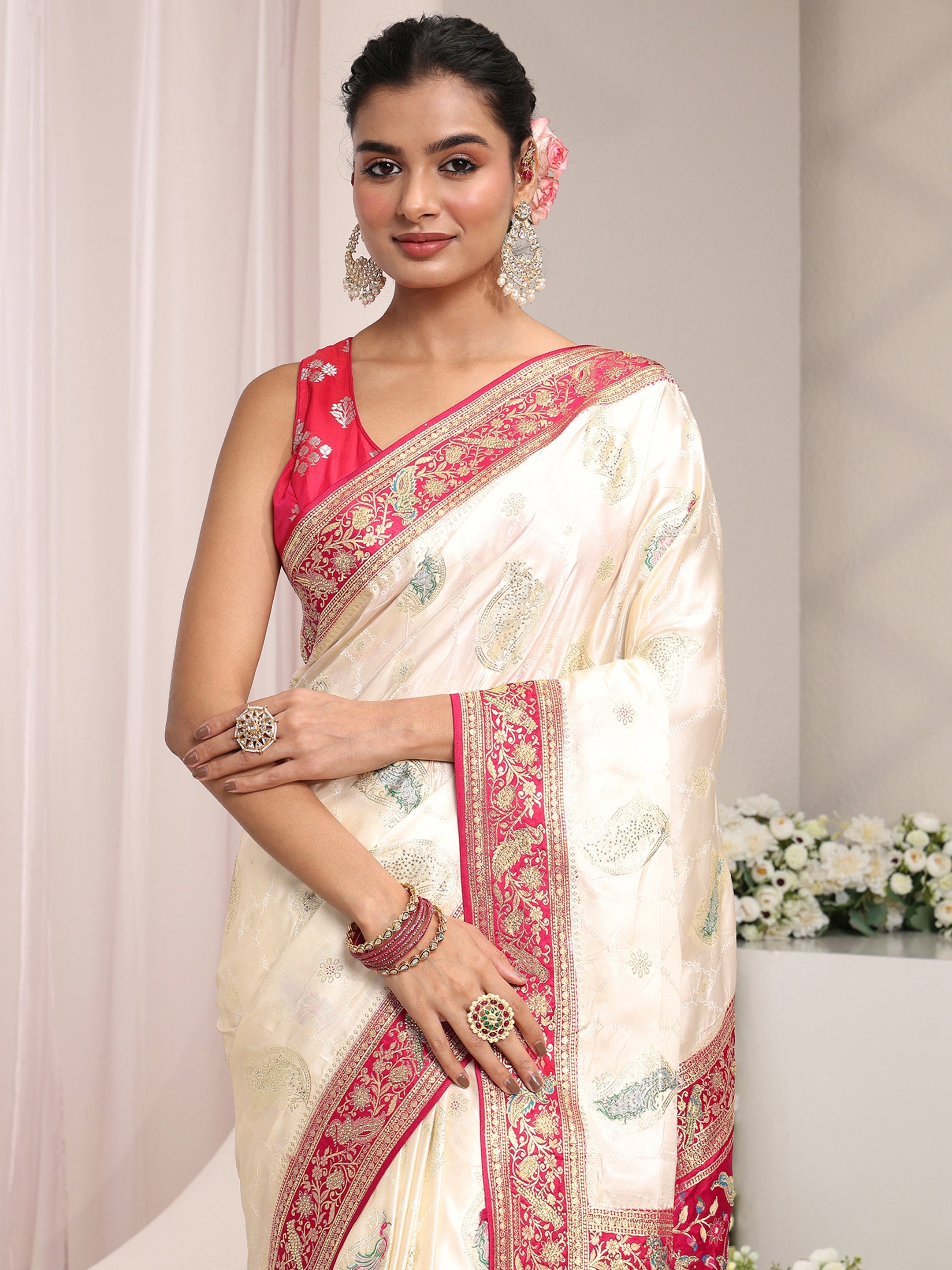 Libas Art Ivory Ethnic Woven Design Satin Saree With Unstitched Blouse Piece-picture-63