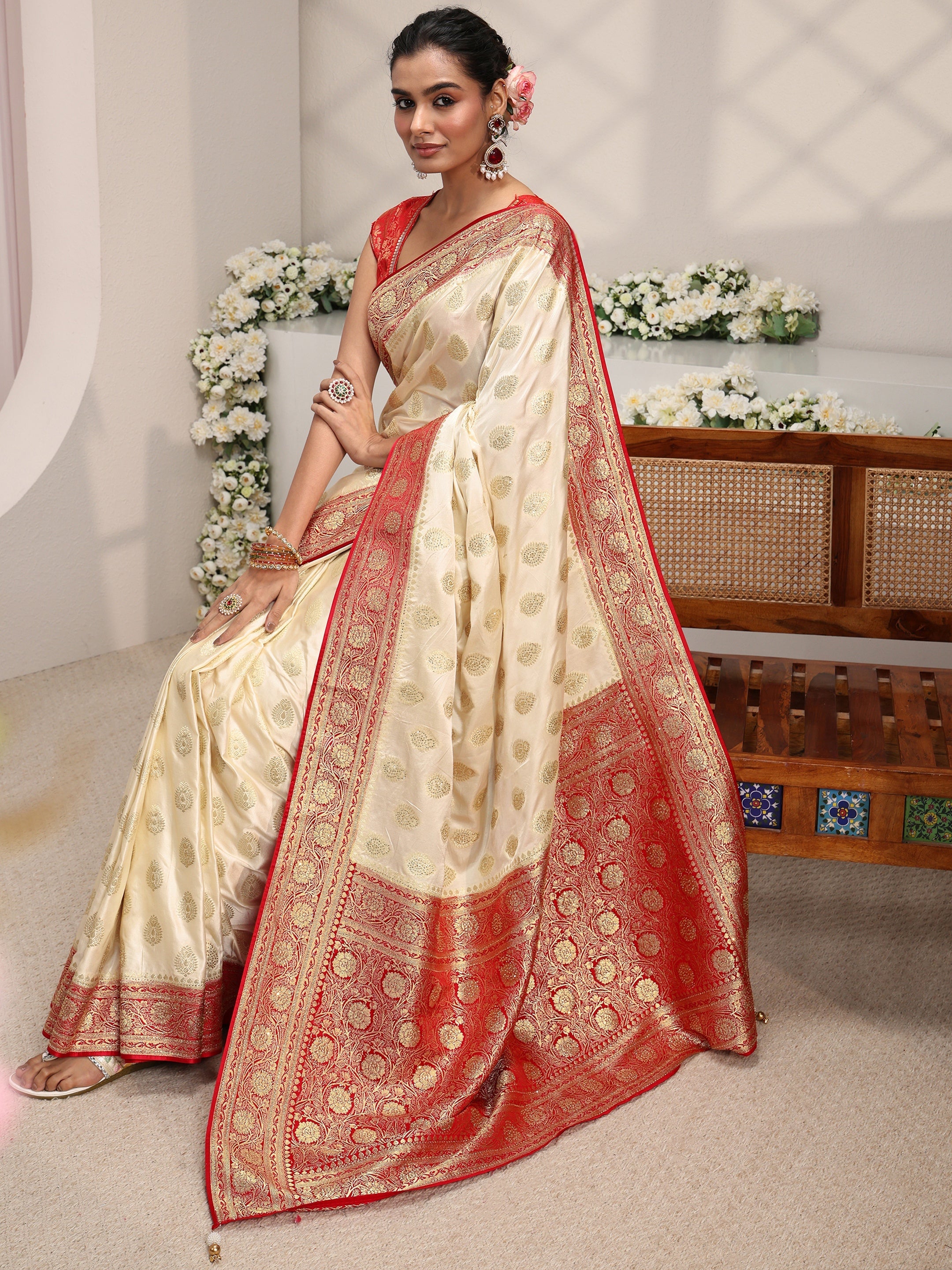 Libas Art Ivory Ethnic Woven Design Satin Saree With Unstitched Blouse Piece-picture-12