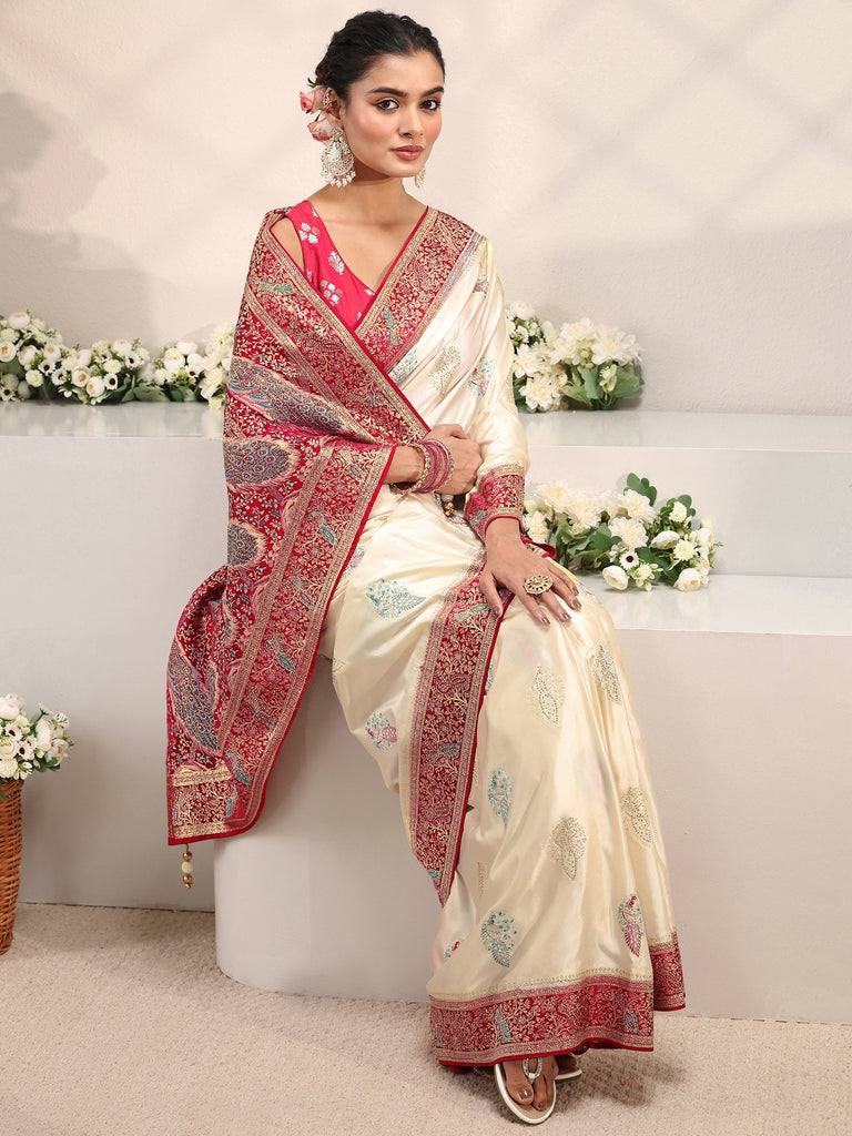 Libas Art Ivory Ethnic Woven Design Satin Saree With Unstitched Blouse Piece
