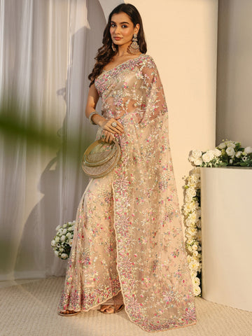 Libas Art Ivory Floral Embroidered Net Saree With Unstitched Blouse Piece