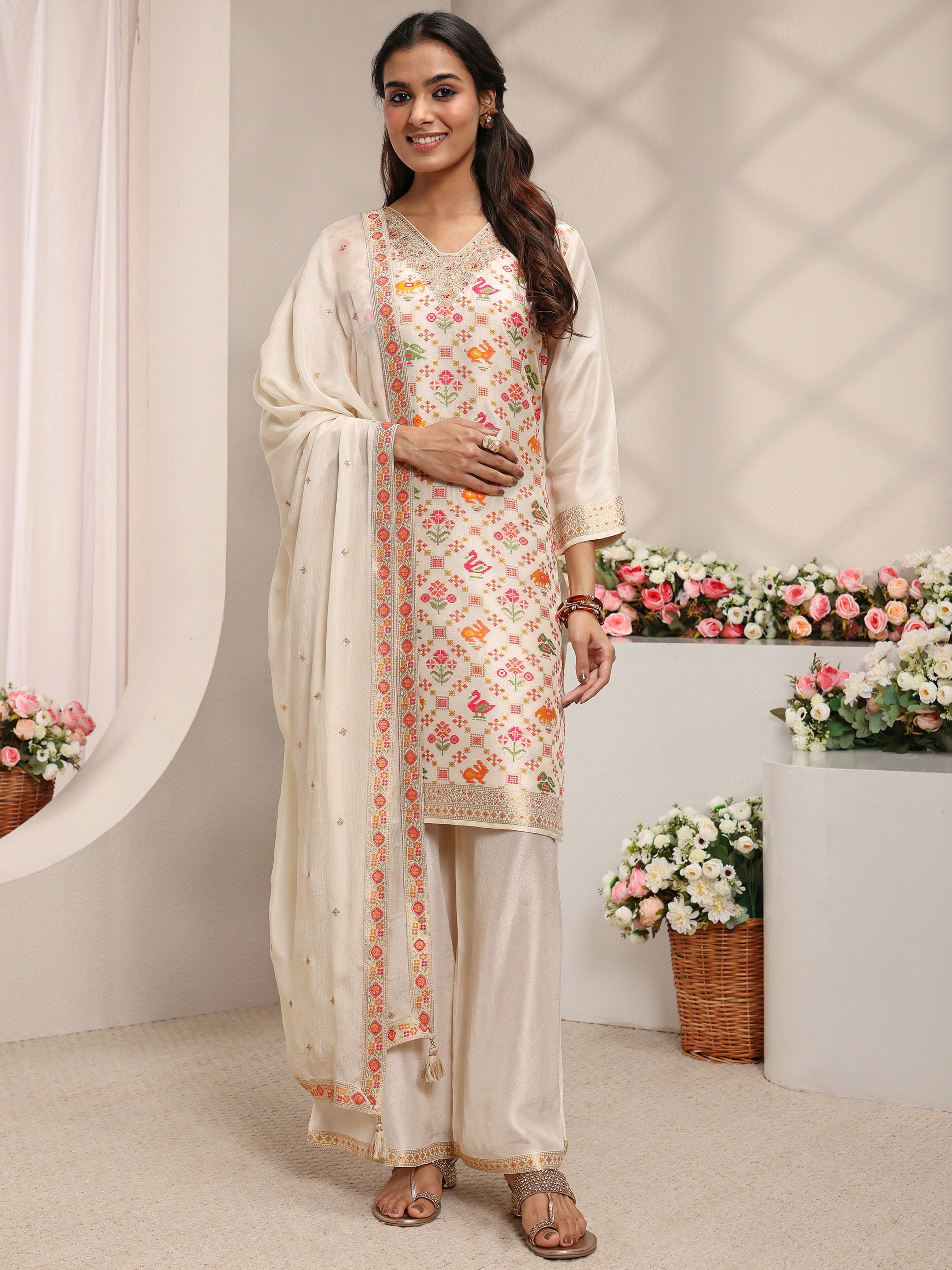 Libas Art Ivory Floral Woven Design Silk Blend Straight Suit Set With Dupatta-picture-20