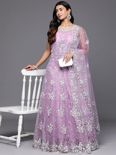 Libas Art Lavender Embellished Net Gown Dress With Dupatta - Libas