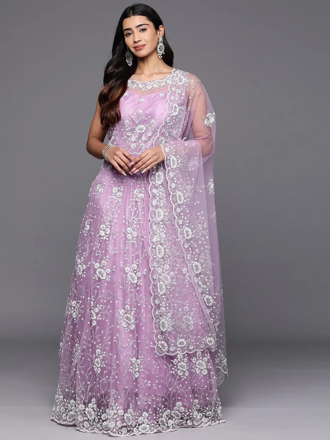 Libas Art Lavender Embellished Net Gown Dress With Dupatta - Libas 