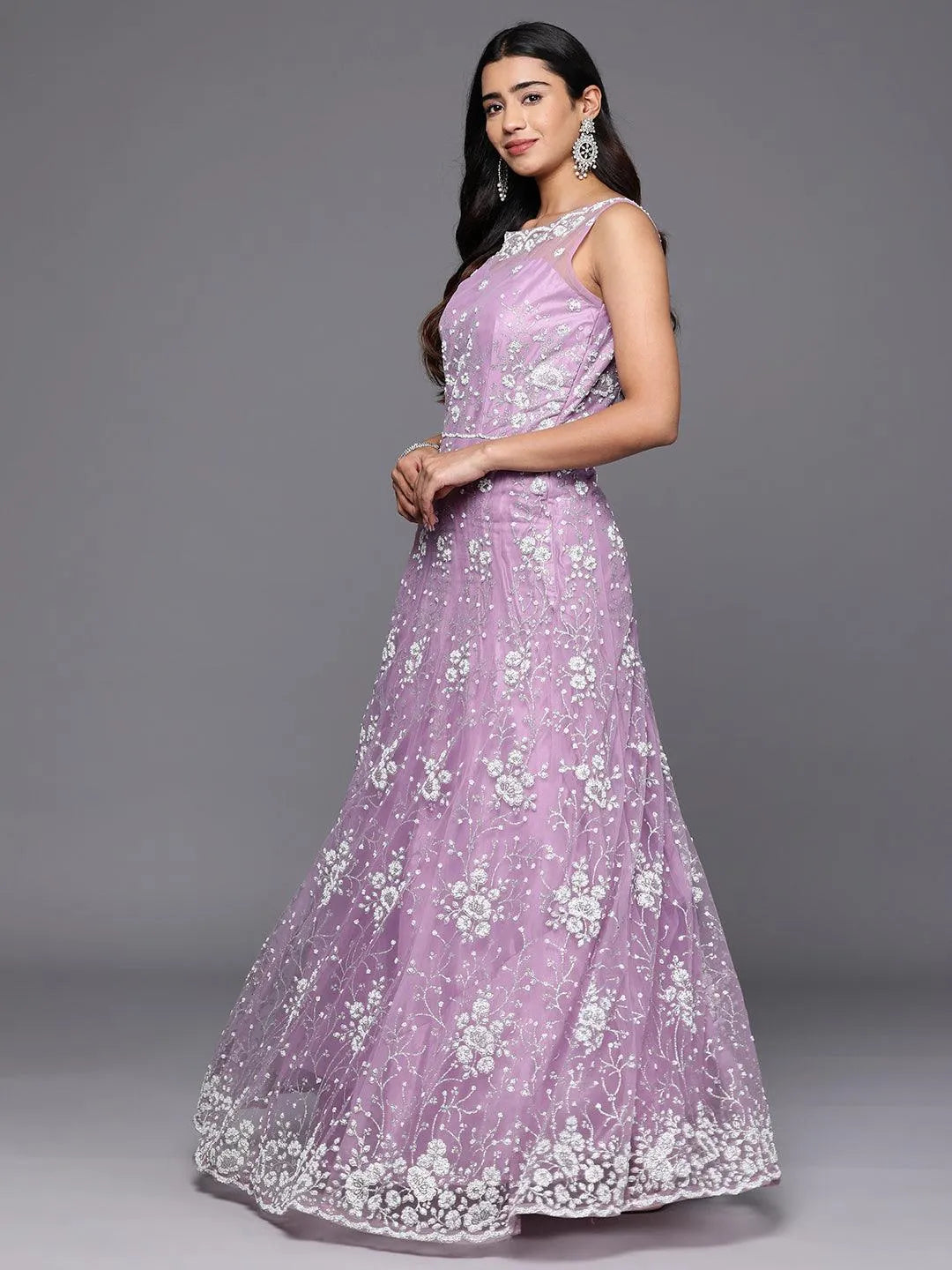 Libas Art Lavender Embellished Net Gown Dress With Dupatta - Libas 