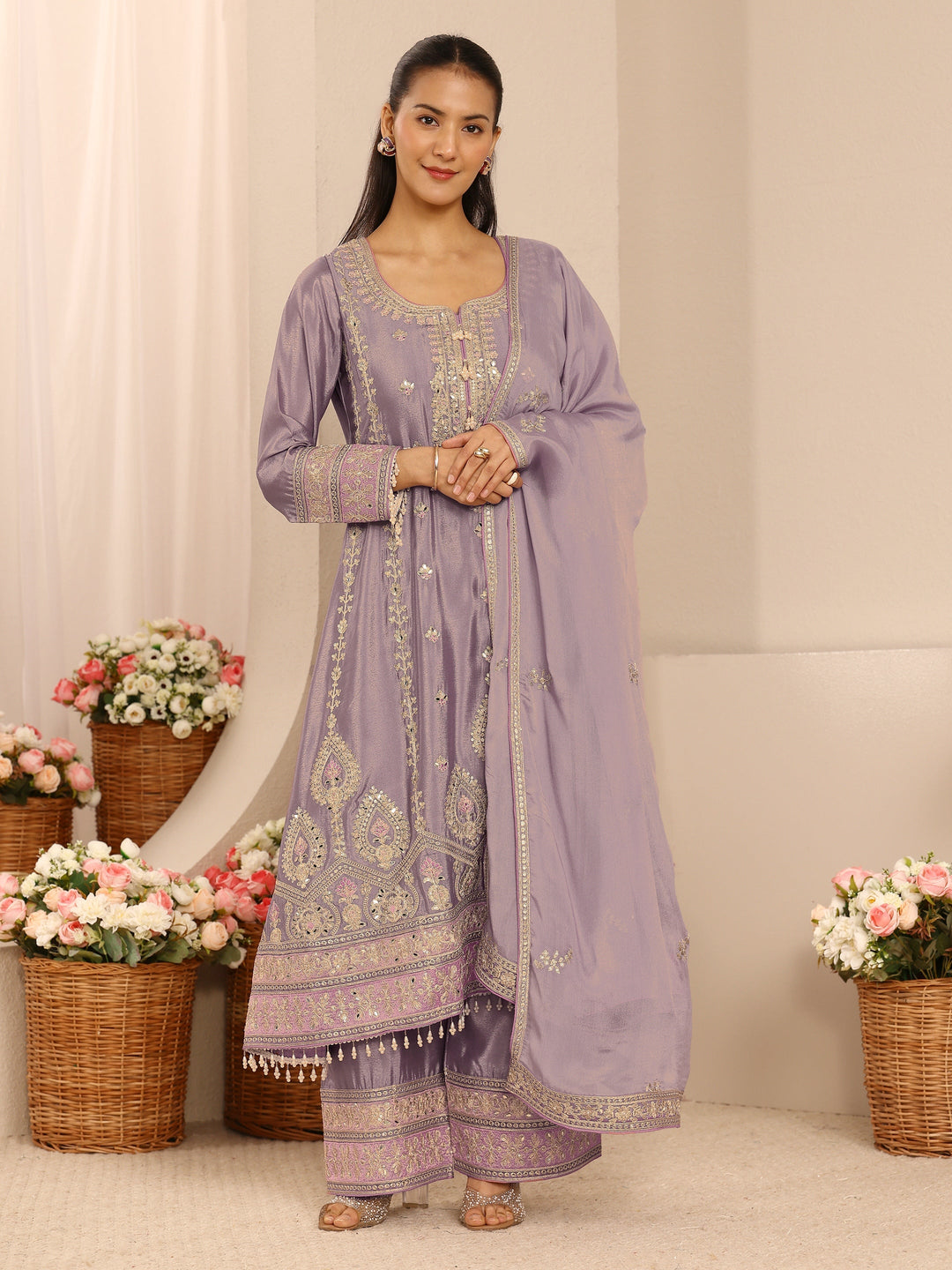 Libas Art Lavender Embroidered Chinon A-Line Suit Set With Dupatta