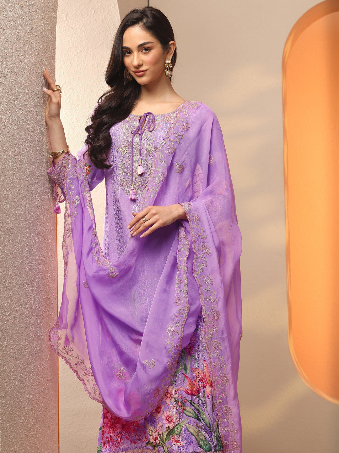 Lavender Embroidered Chinon Straight Suit Set With Dupatta