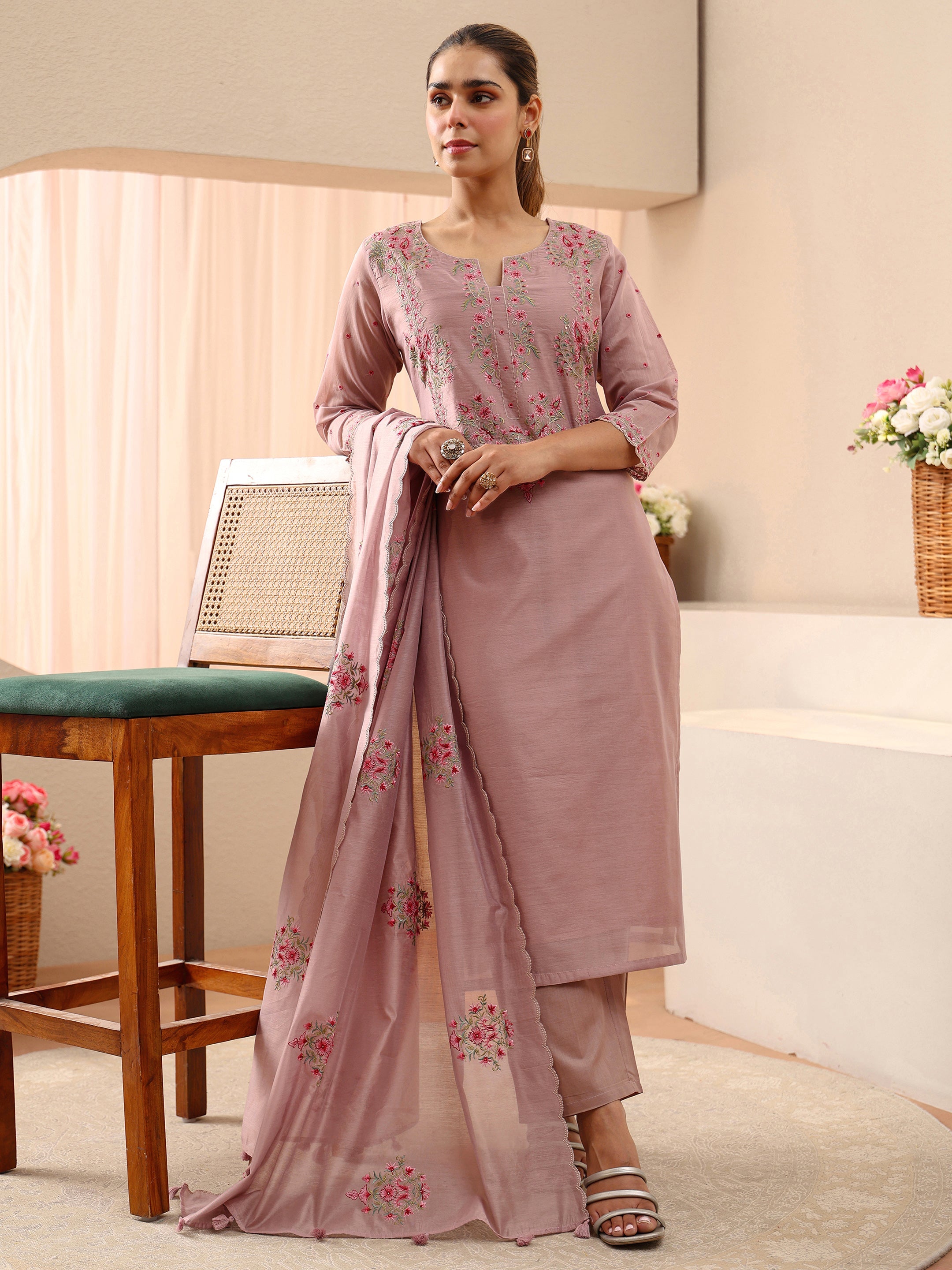 Libas Art Lavender Floral Embroidered Silk Blend Straight Suit Set-picture-10