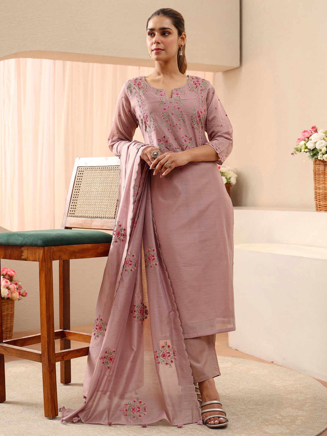  Libas Art Lavender Floral Embroidered Silk Blend Straight Suit Set 