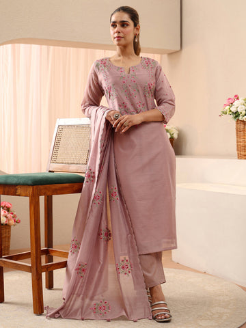 Libas Art Lavender Floral Embroidered Silk Blend Straight Suit Set