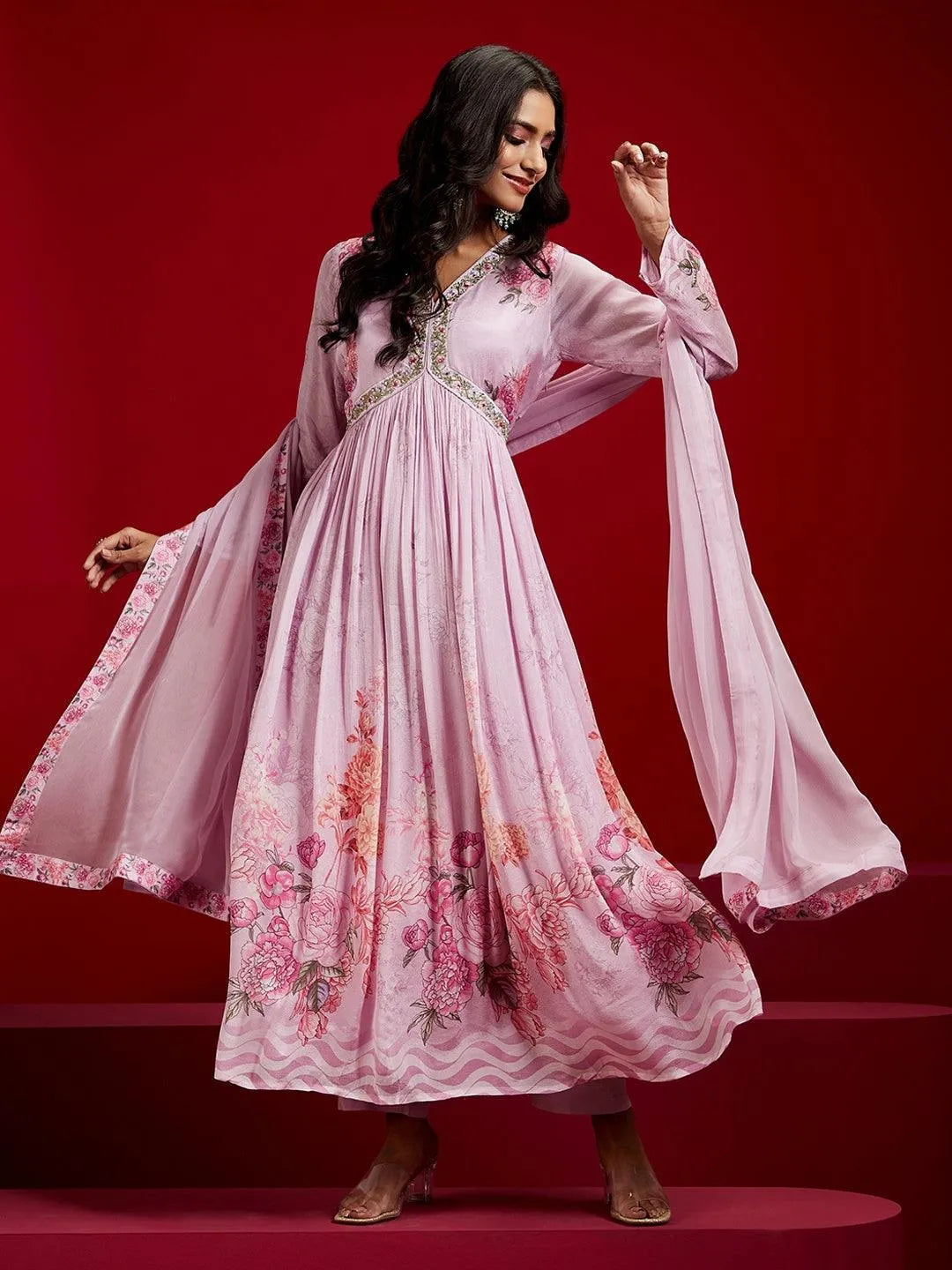 Libas Art Lavender Printed Silk Chiffon Anarkali Kurta With Trousers & Dupatta - Libas