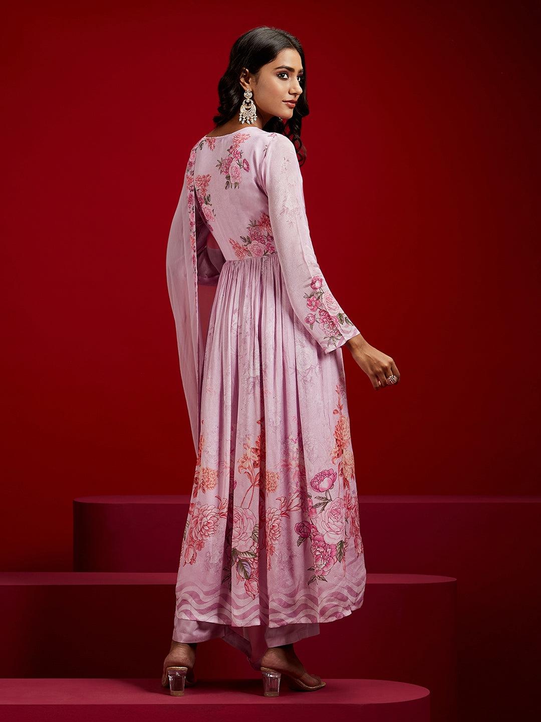 Libas Art Lavender Printed Silk Anarkali Suit With Dupatta