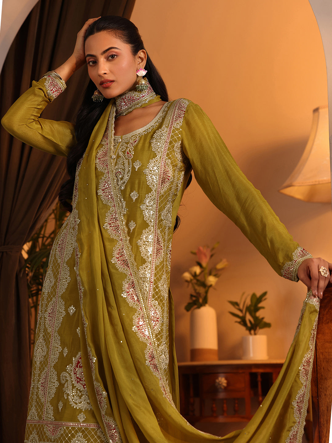 Libas Art Lime Green Embroidered Chinon Straight Suit Set With Dupatta