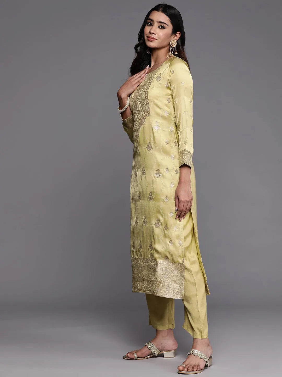 Libas Art Lime Green Woven Design Silk Straight Kurta With Trousers & Dupatta - Libas