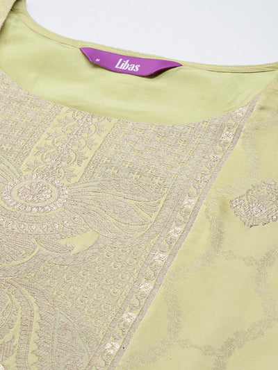 Libas Art Lime Green Woven Design Silk Straight Kurta With Trousers & Dupatta - Libas