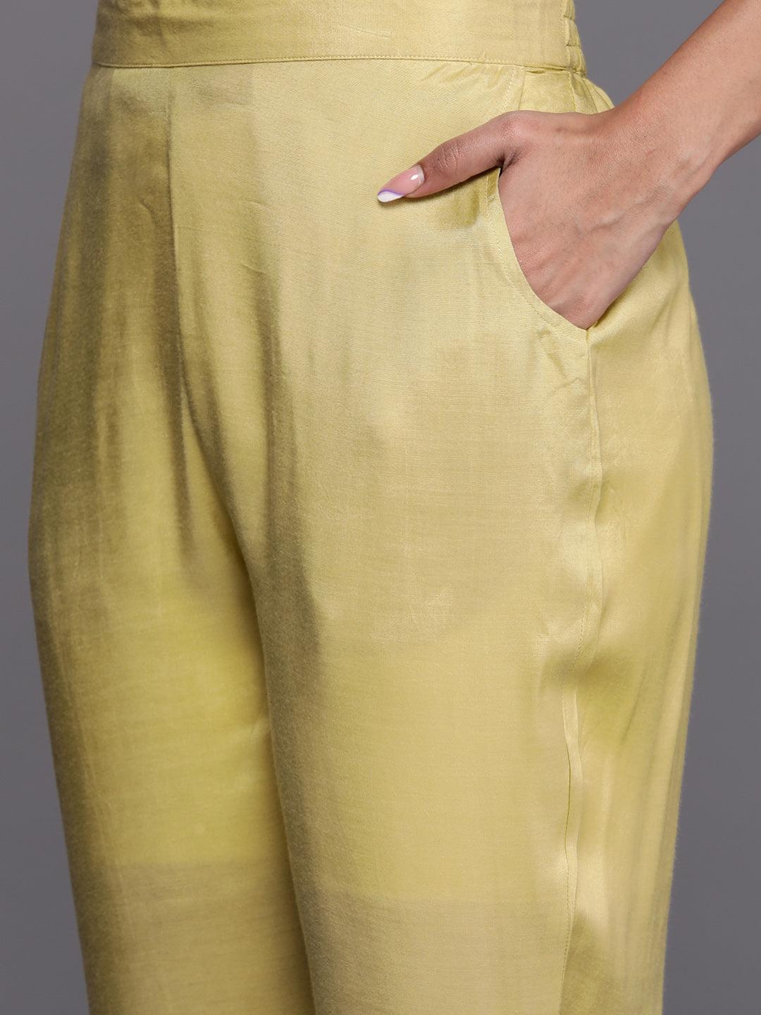 Libas Art Lime Green Woven Design Silk Straight Kurta With Trousers & Dupatta - Libas