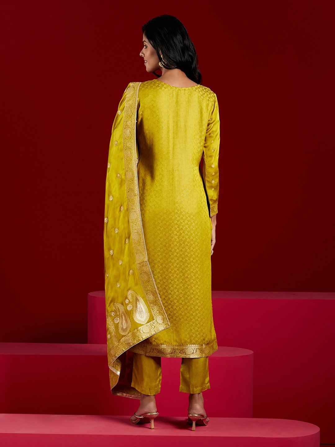 Libas Art Lime Woven Design Silk Straight Kurta With Trousers & Dupatta - Libas