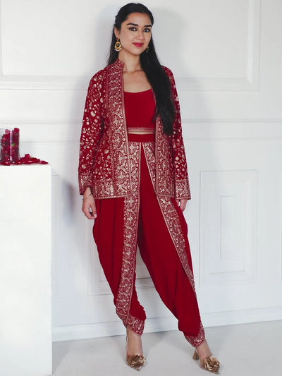 Libas Art Magenta Embellished Georgette Top With Trousers & Jacket - Libas