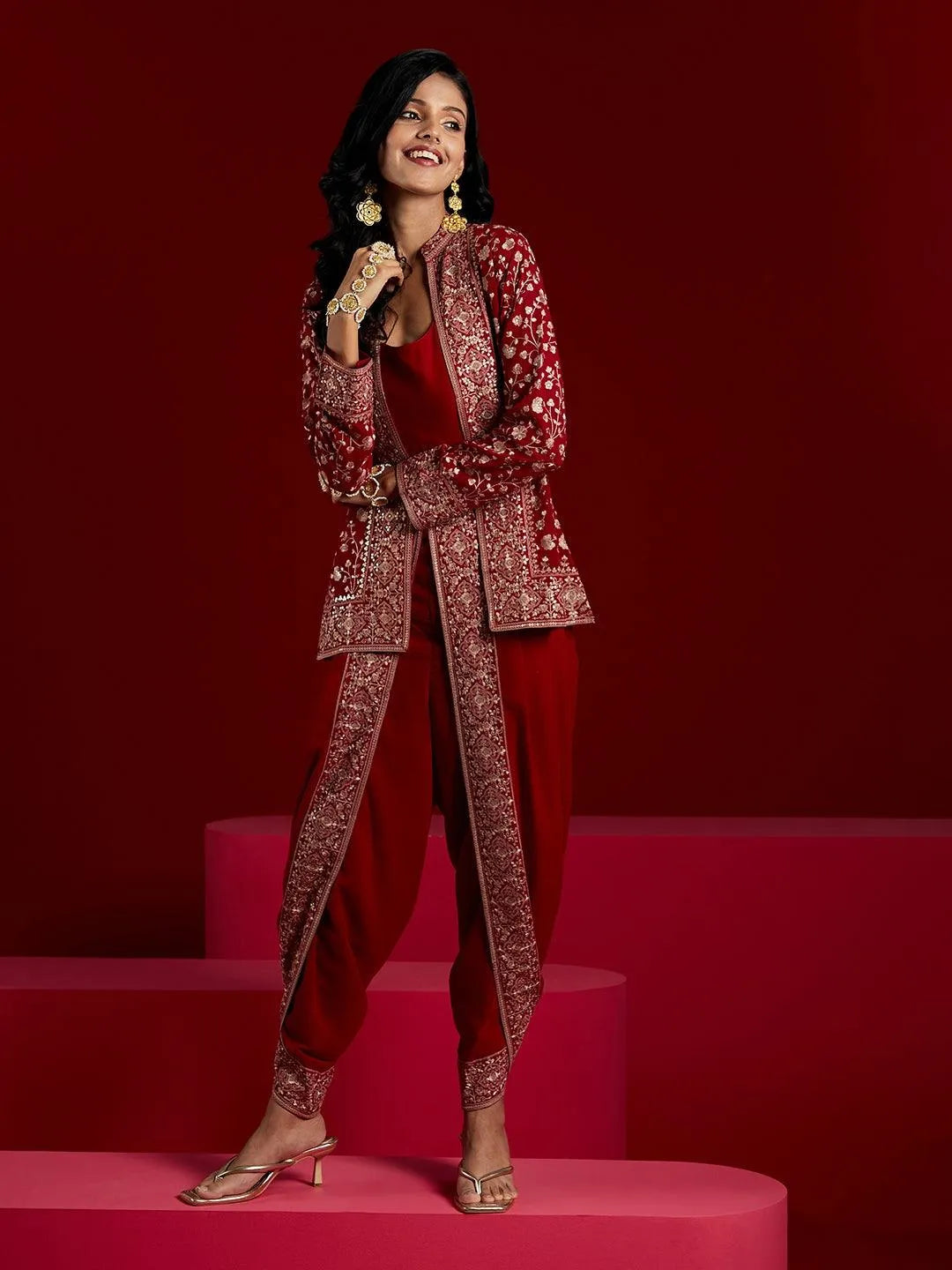 Libas Art Magenta Embellished Georgette Top With Trousers & Jacket - Libas 