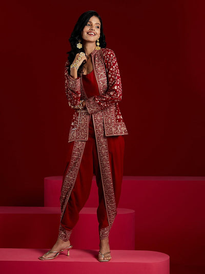 Libas Art Magenta Embellished Georgette Top With Trousers & Jacket - Libas