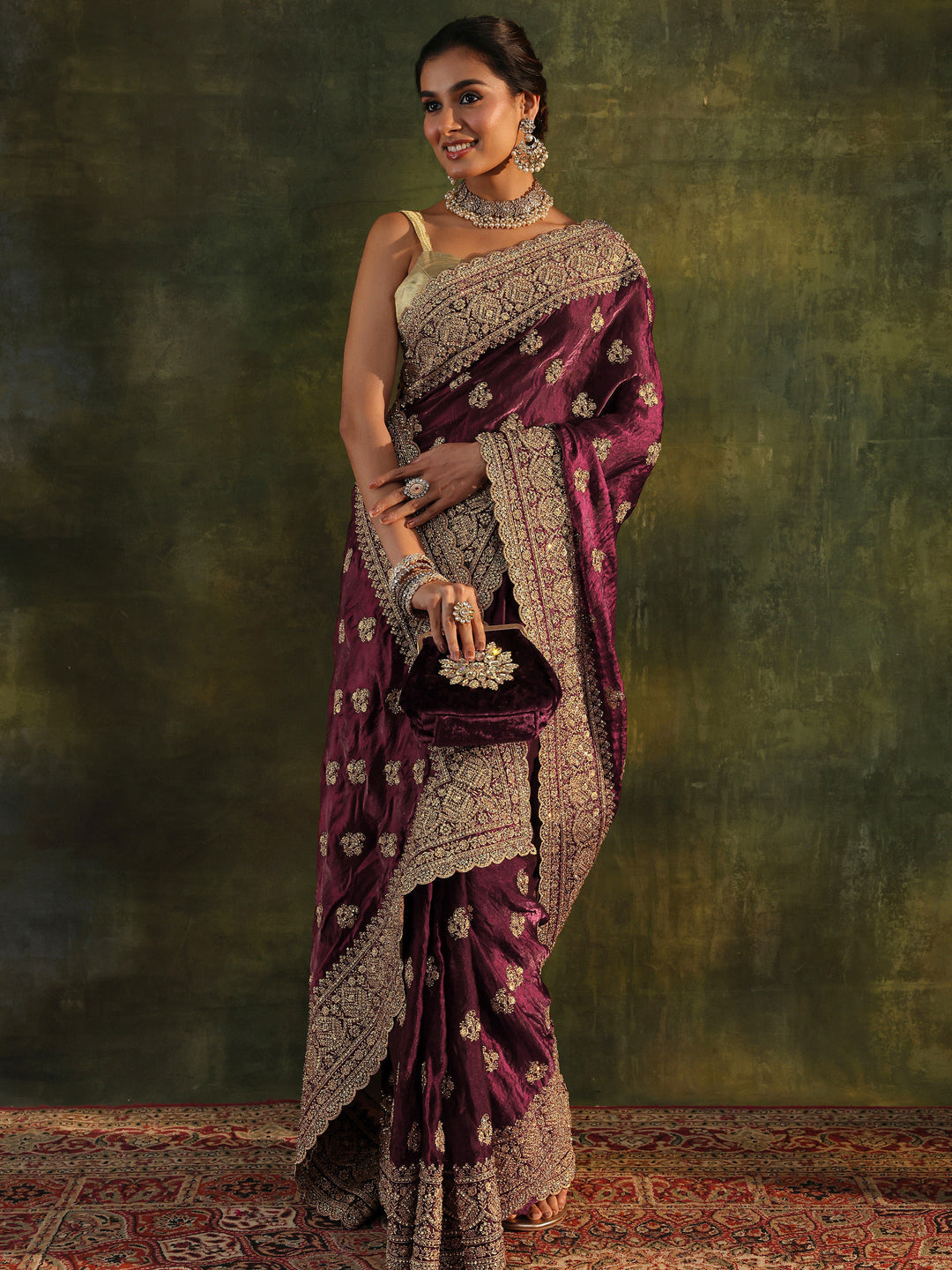 Libas Art Magenta Embellished Tissue Saree With Unstitched Blouse Piece