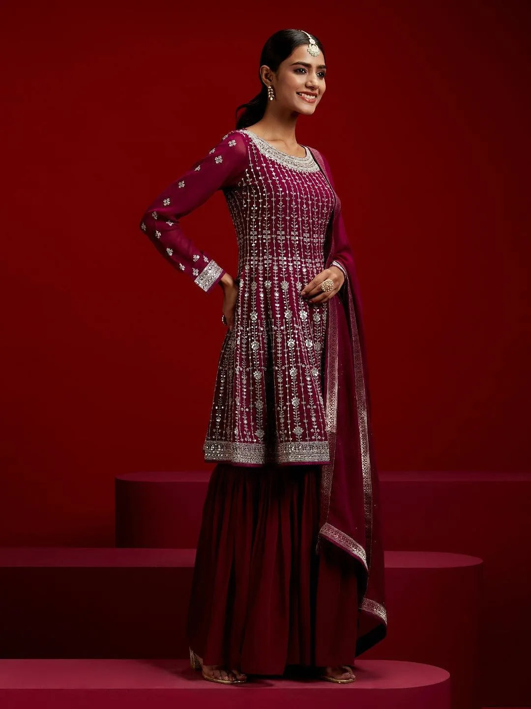 Libas Art Magenta Embroidered Georgette A-Line Kurta With Sharara & Dupatta - Libas