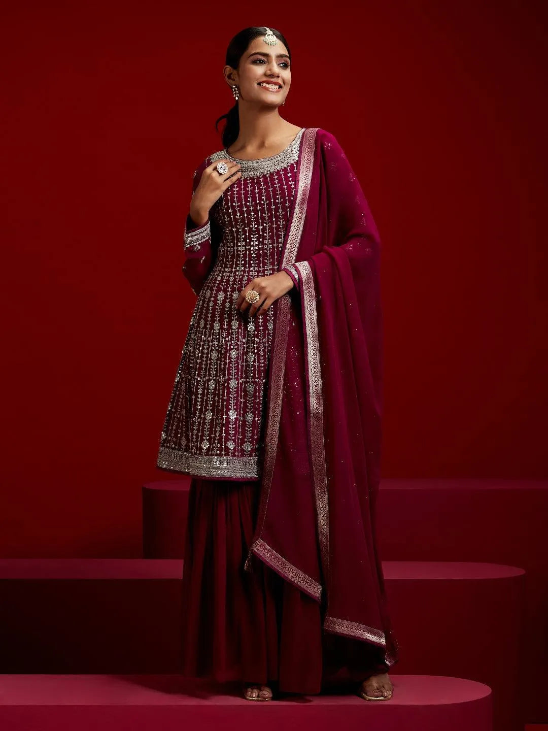 Libas Art Magenta Embroidered Georgette A-Line Kurta With Sharara & Dupatta - Libas