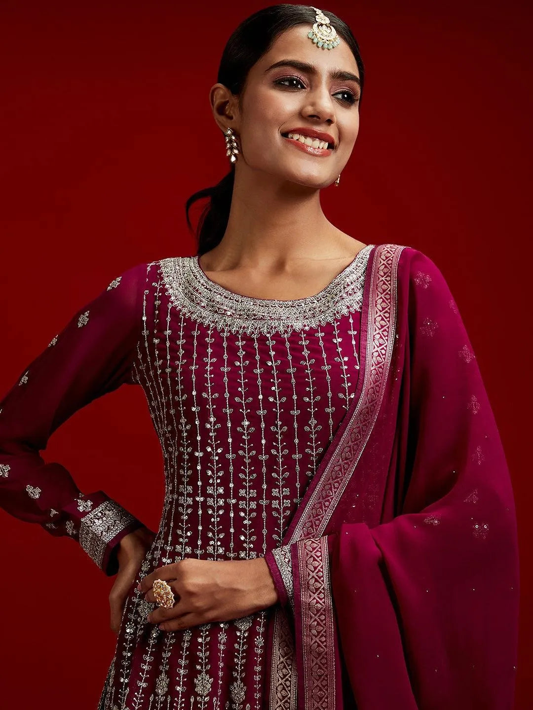 Libas Art Magenta Embroidered Georgette A-Line Kurta With Sharara & Dupatta - Libas 