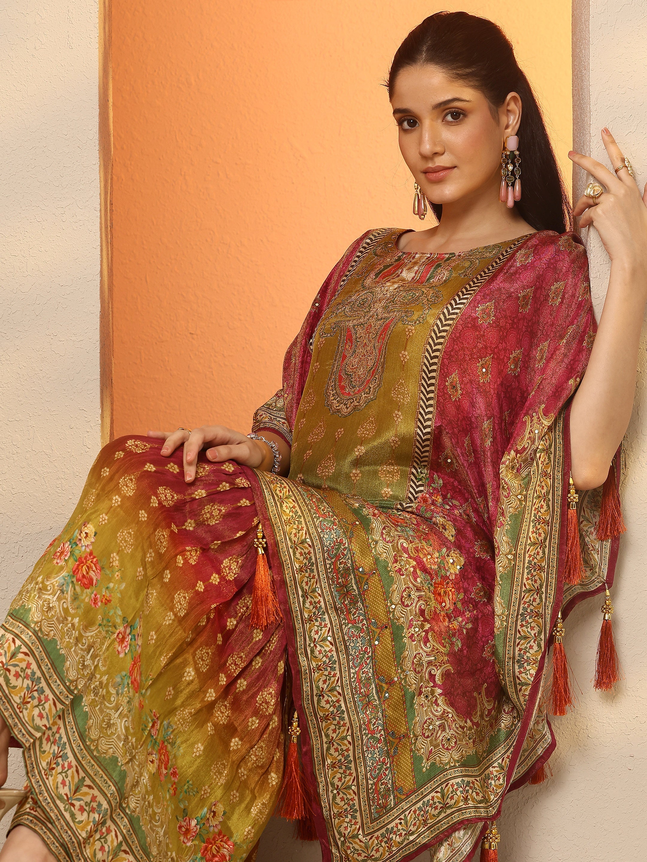 libas Magenta Printed Silk Blend Straight Kurta Set-picture-19