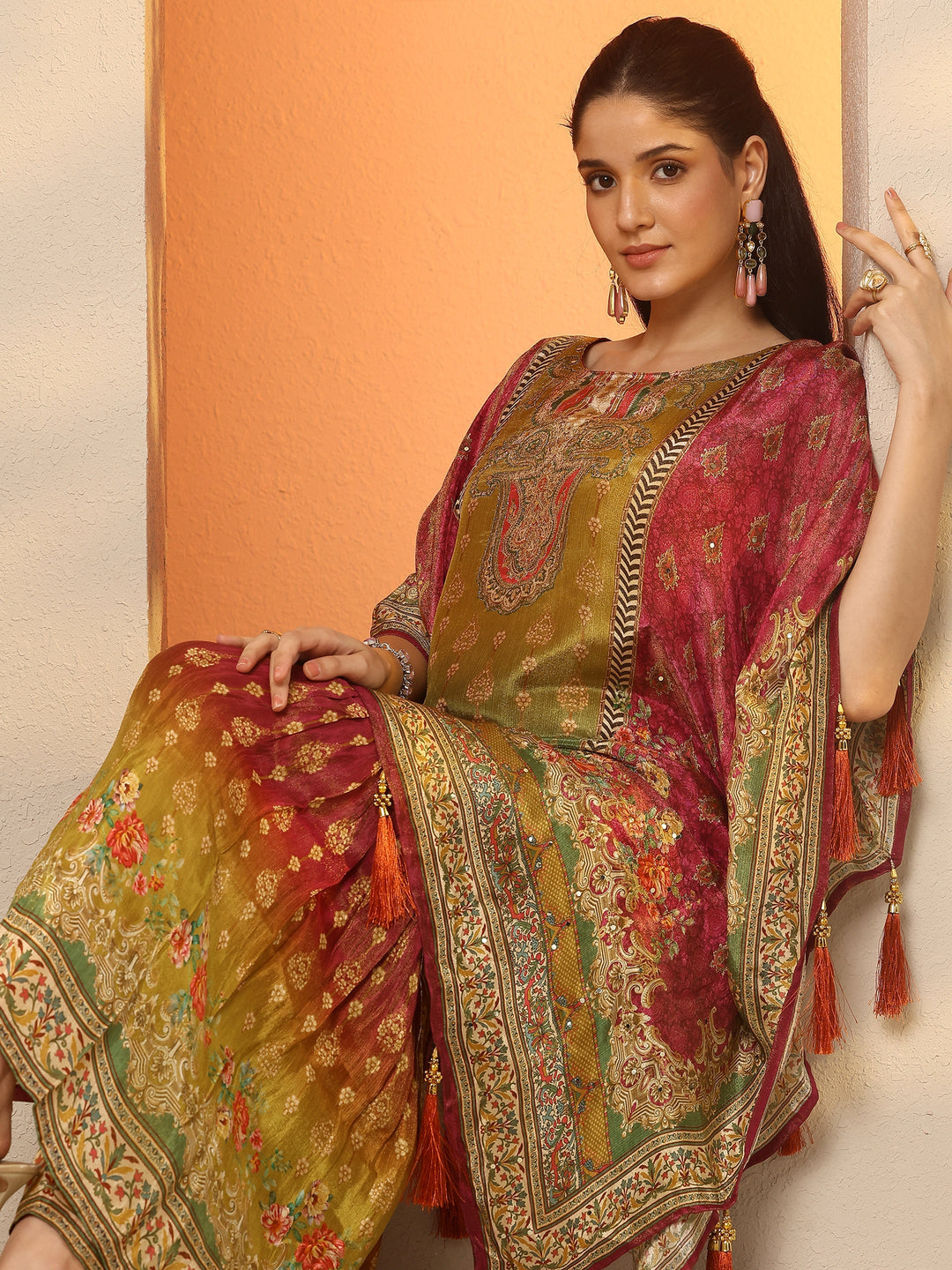 Magenta Printed Silk Blend Straight Kurta Set