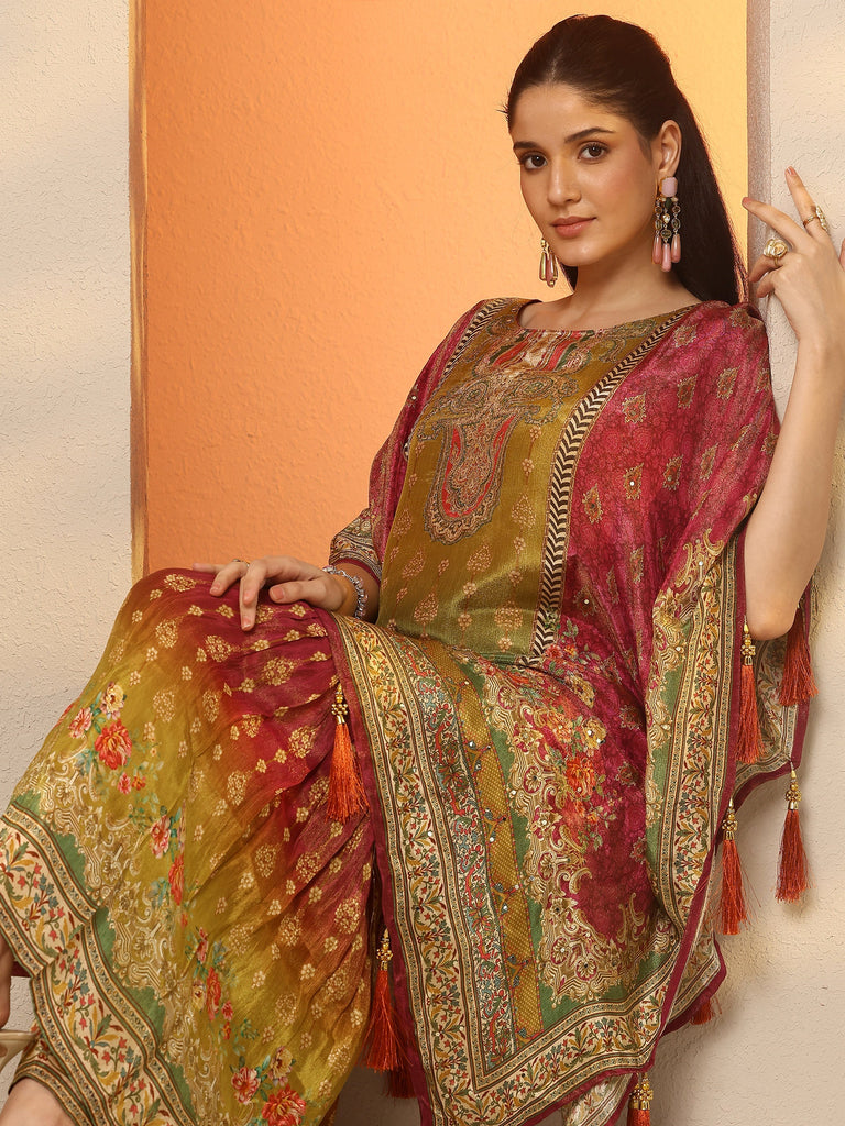 Libas Magenta Printed Silk Blend Straight Kurta Set