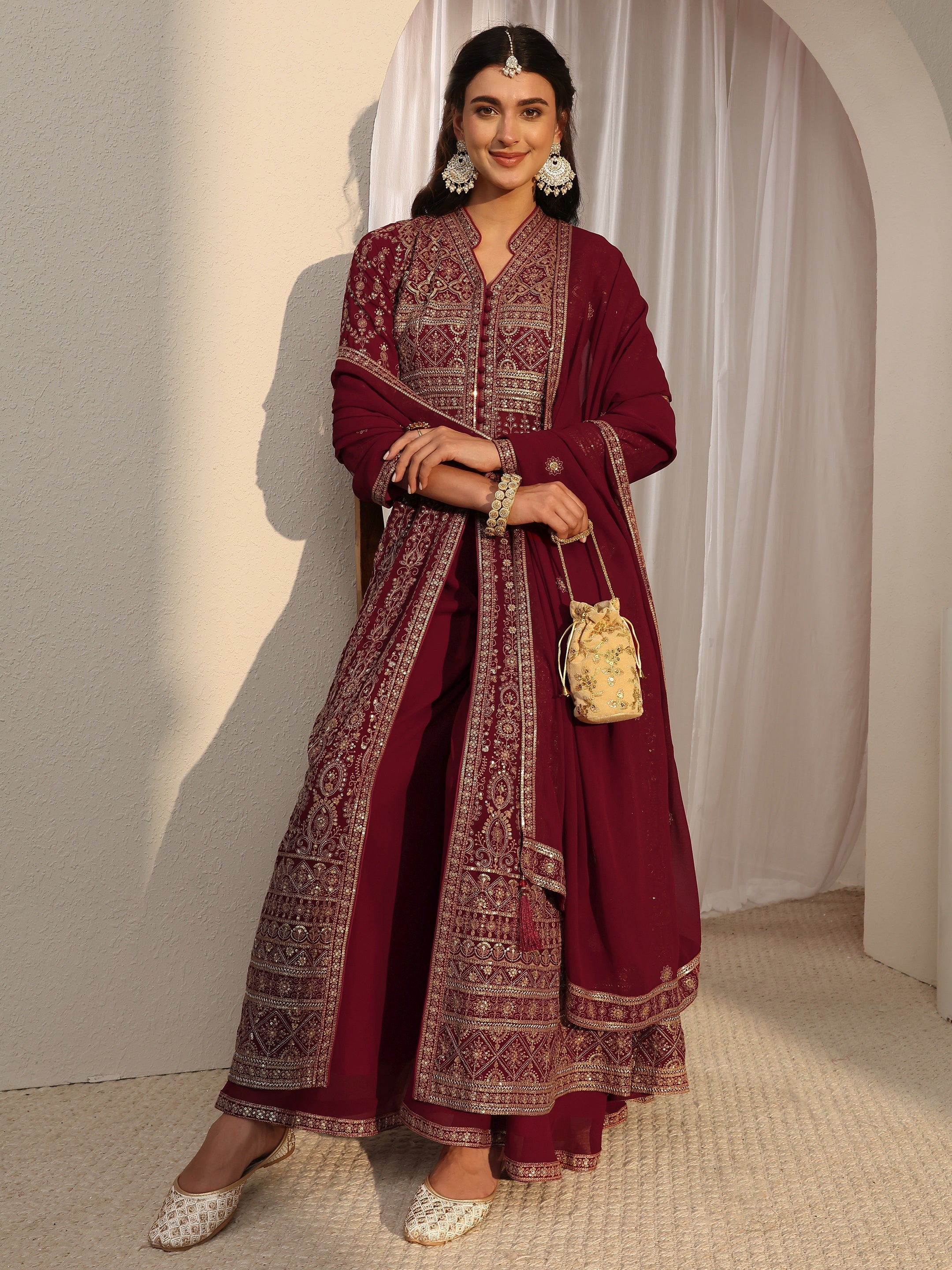 Libas Art Maroon Embellished Georgette Anarkali Suit Set With Dupatta-image-47
