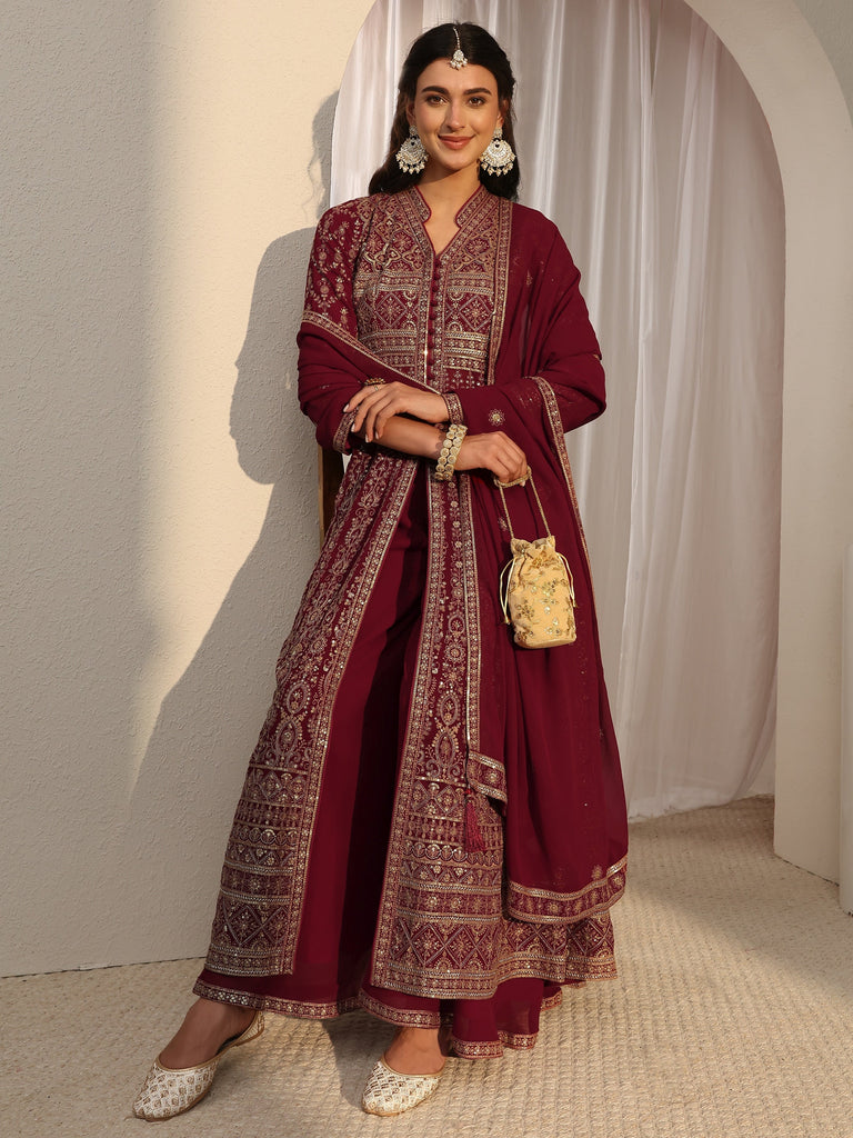 Libas Art Maroon Embellished Georgette Anarkali Suit Set With Dupatta