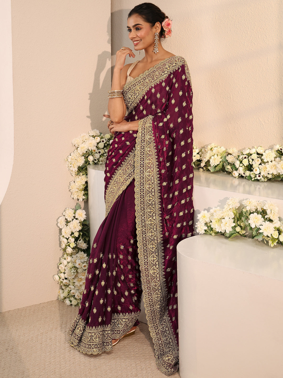  Libas Art Maroon Embellished Tissue Saree With Unstitched Blouse Piece 