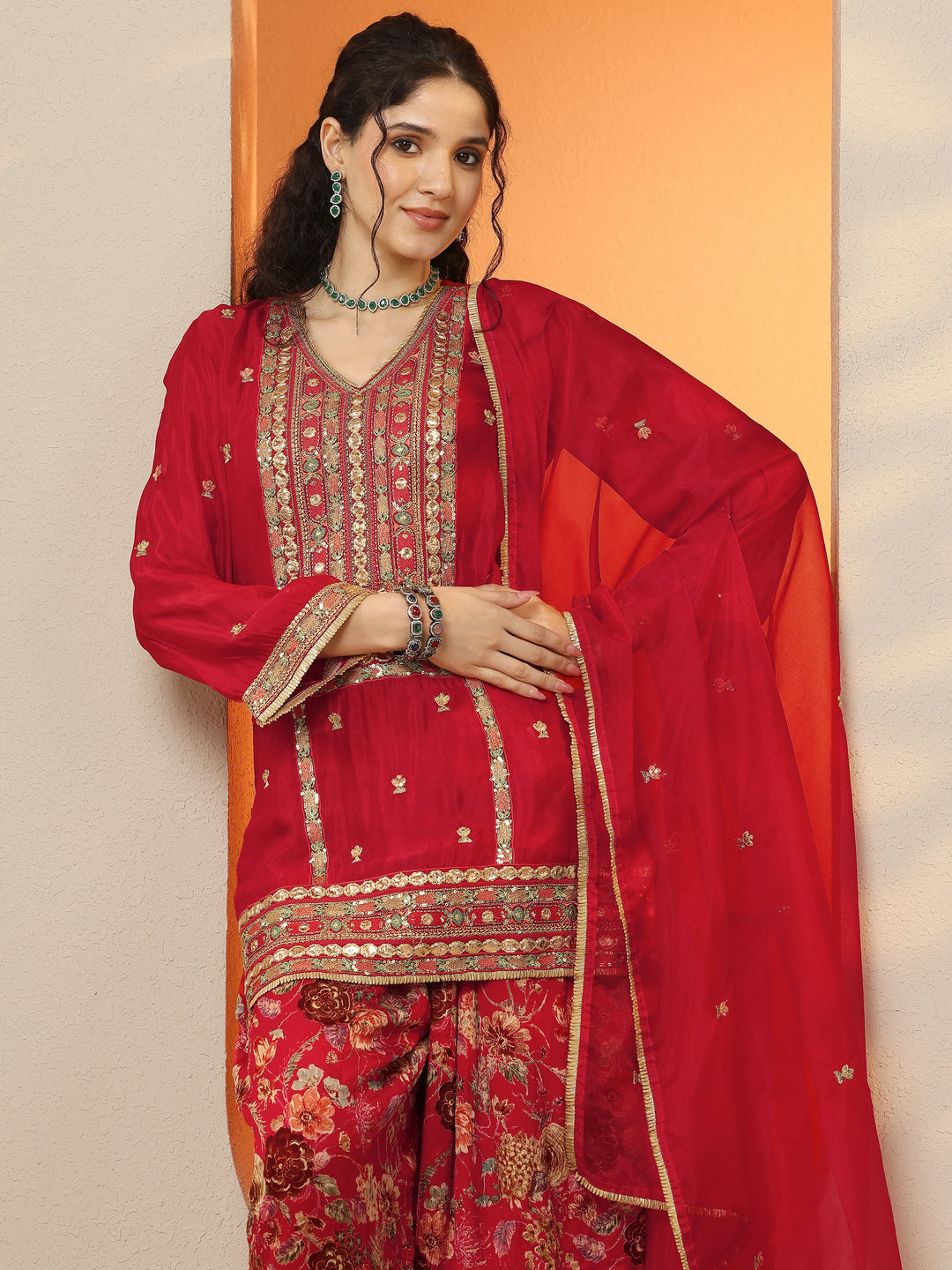 Libas Art Maroon Embroidered Chinon Straight Suit Set With Dupatta