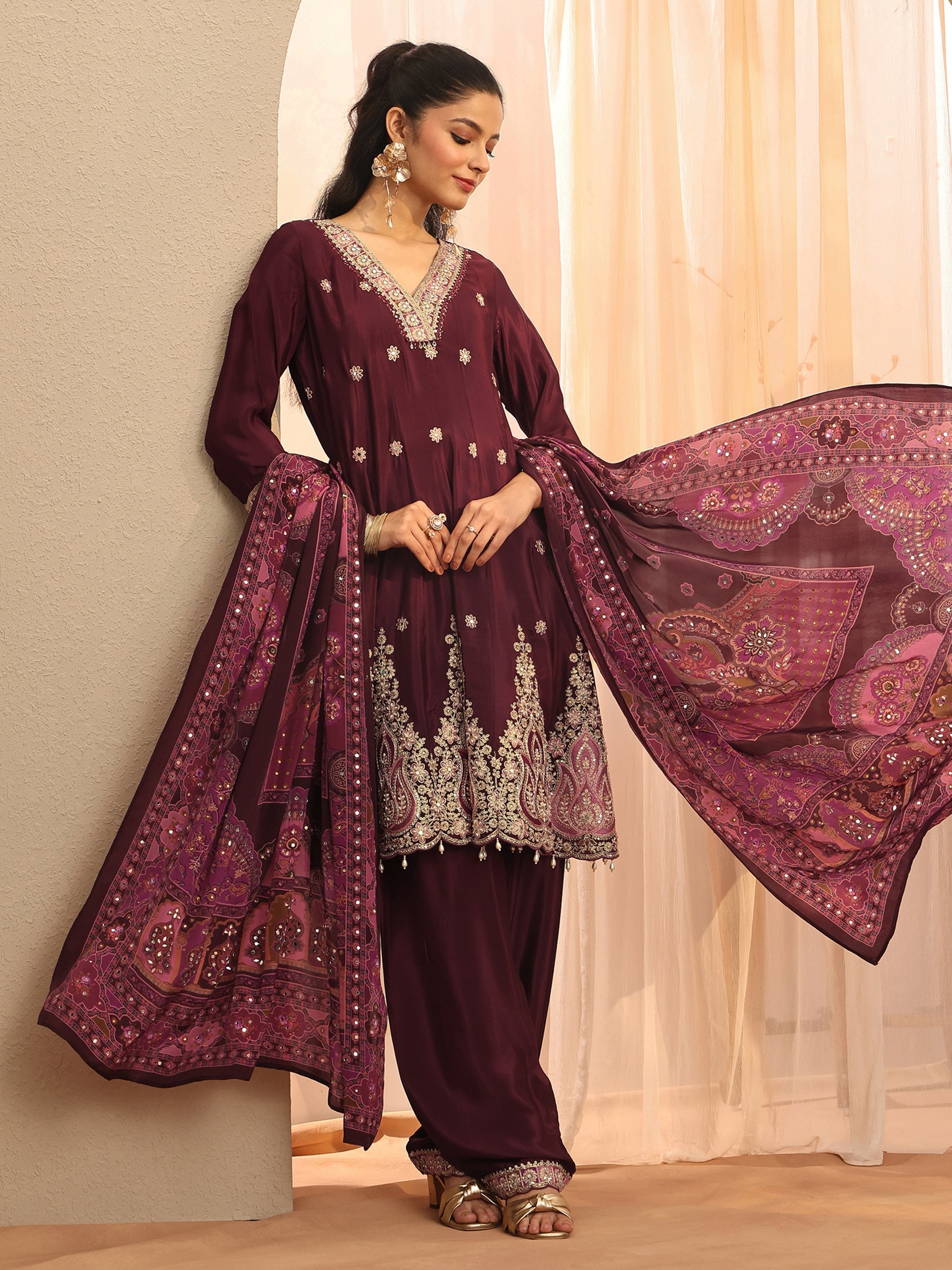 Libas Art Maroon Embroidered Crepe A-Line Suit Set With Dupatta-picture-20