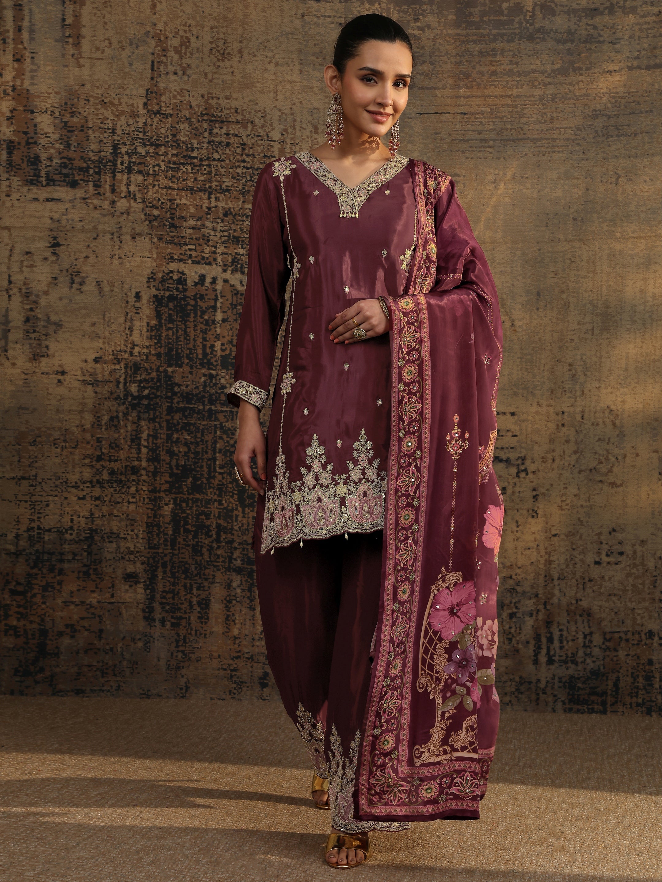 Libas Art Maroon Embroidered Crepe Straight Suit Set With Dupatta-picture-35
