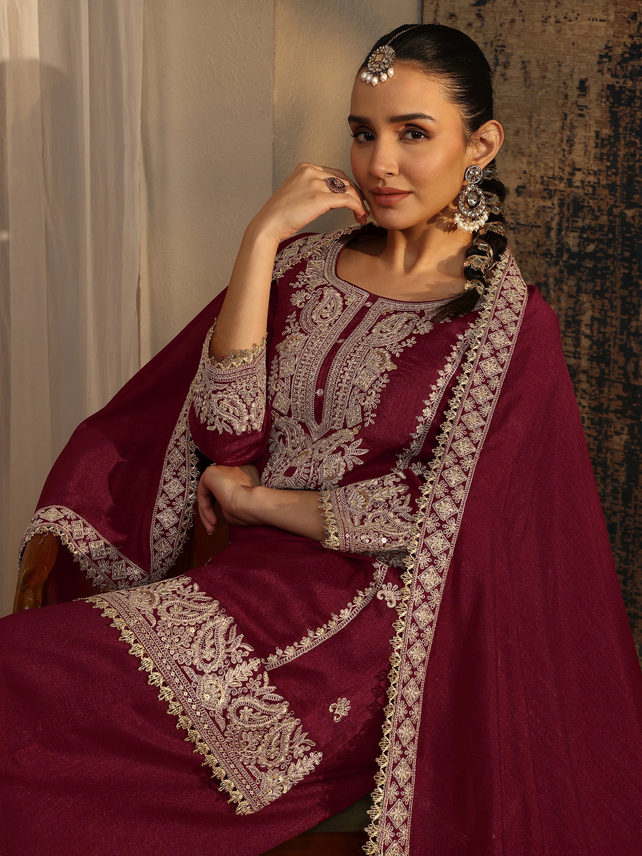 Libas Art Maroon Embroidered Organza Straight Suit Set With Dupatta-picture-36