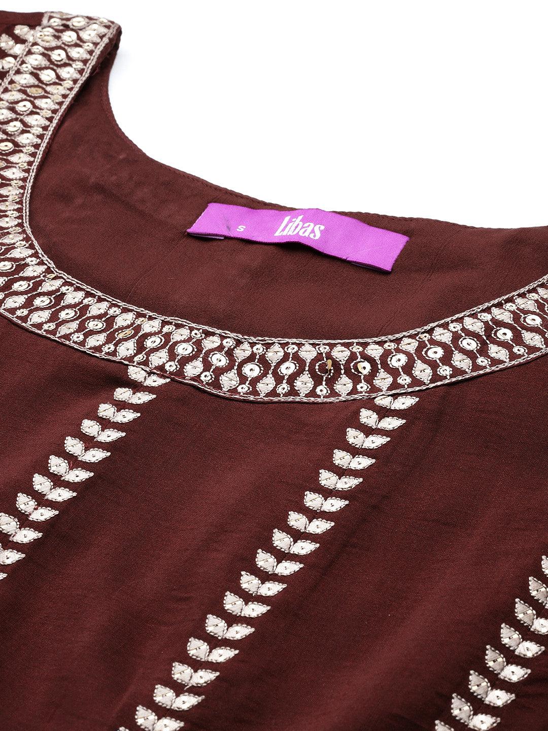 Libas Art Maroon Embroidered Silk Blend Anarkali Suit With Dupatta