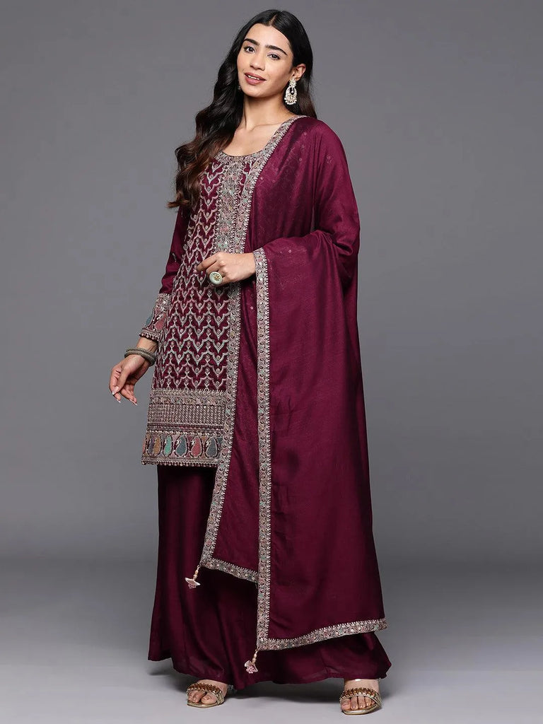 Libas Art Maroon Embroidered Silk Blend Pakistani Suit