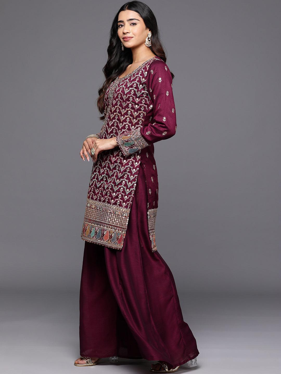 Libas Art Maroon Embroidered Silk Blend Pakistani Suit