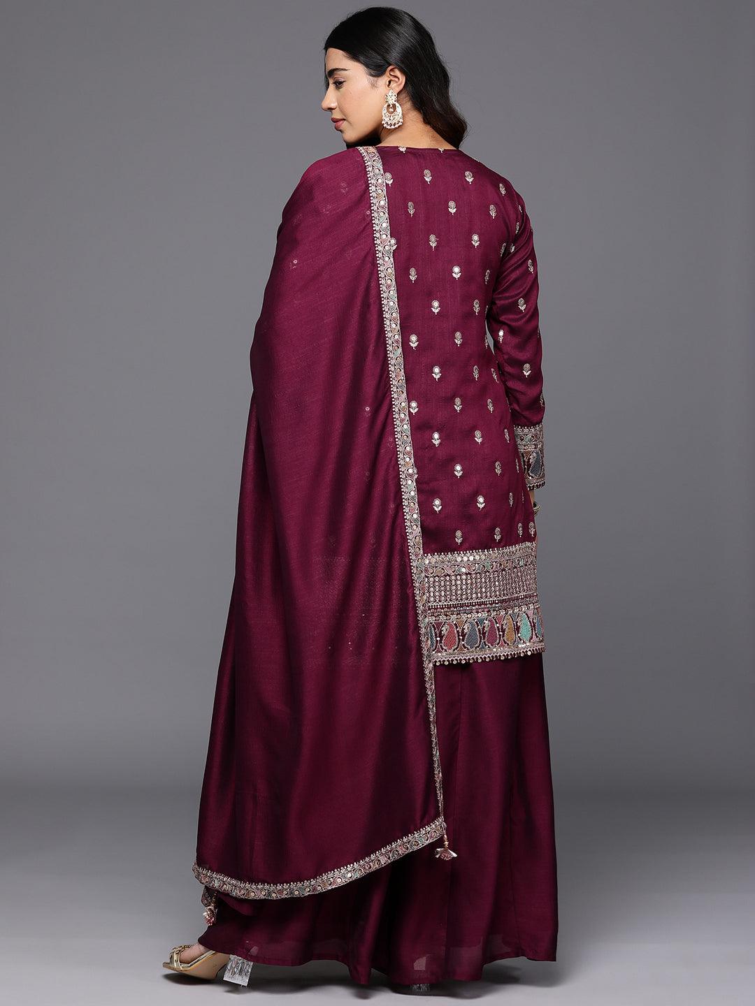 Libas Art Maroon Embroidered Silk Blend Pakistani Suit