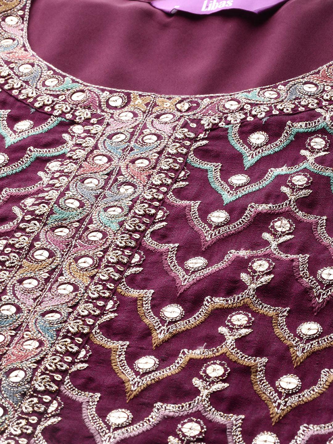 Libas Art Maroon Embroidered Silk Blend Straight Kurta With Palazzos & Dupatta - Libas