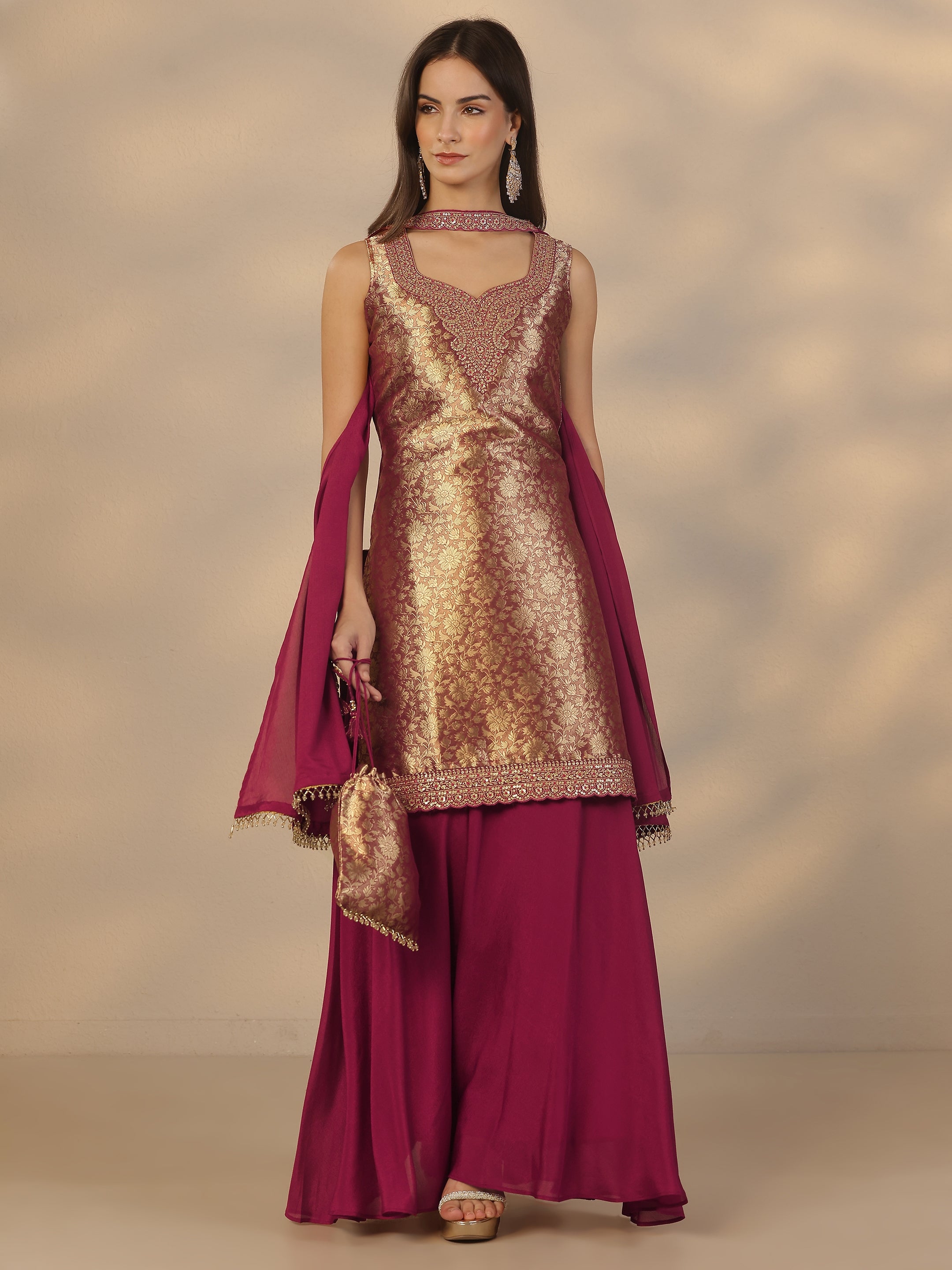 Maroon Embroidered Silk Blend Straight Suit Set With Dupatta-image-30