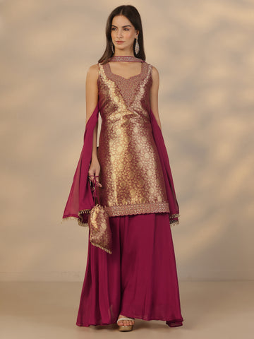 Maroon Embroidered Silk Blend Straight Suit Set With Dupatta
