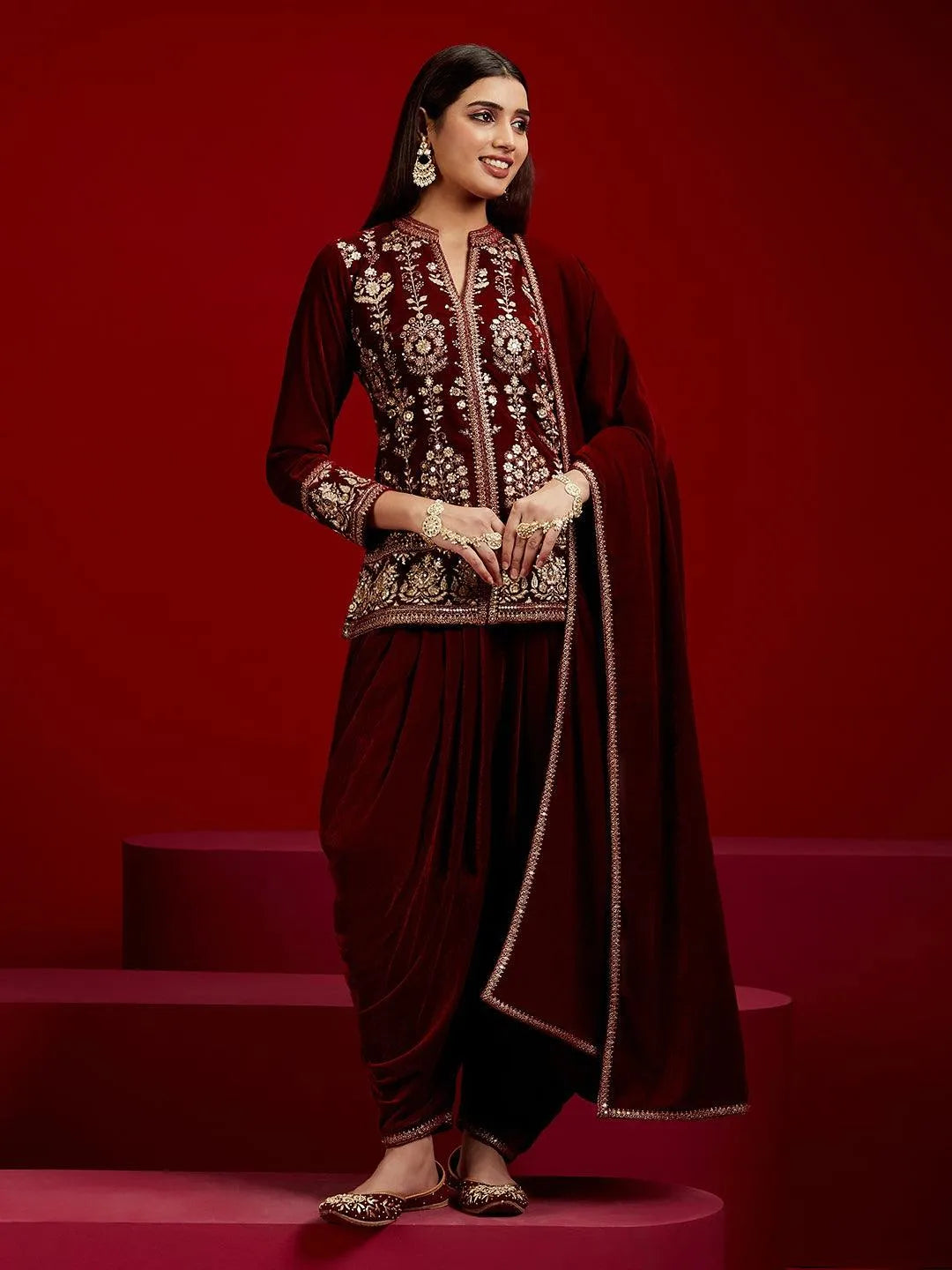 Libas Art Maroon Embroidered Velvet Straight Kurti With Dhoti Pants & Dupatta - Libas