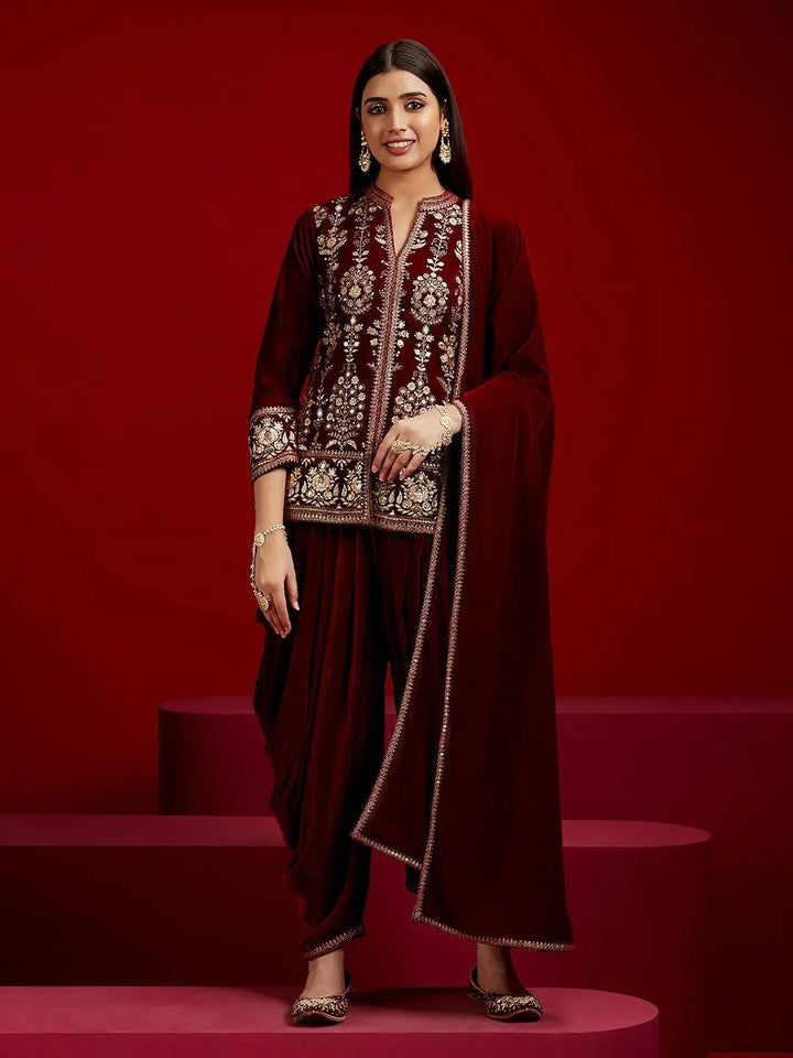 Libas Art Maroon Embroidered Velvet Straight Kurti With Dhoti Pants & Dupatta - Libas